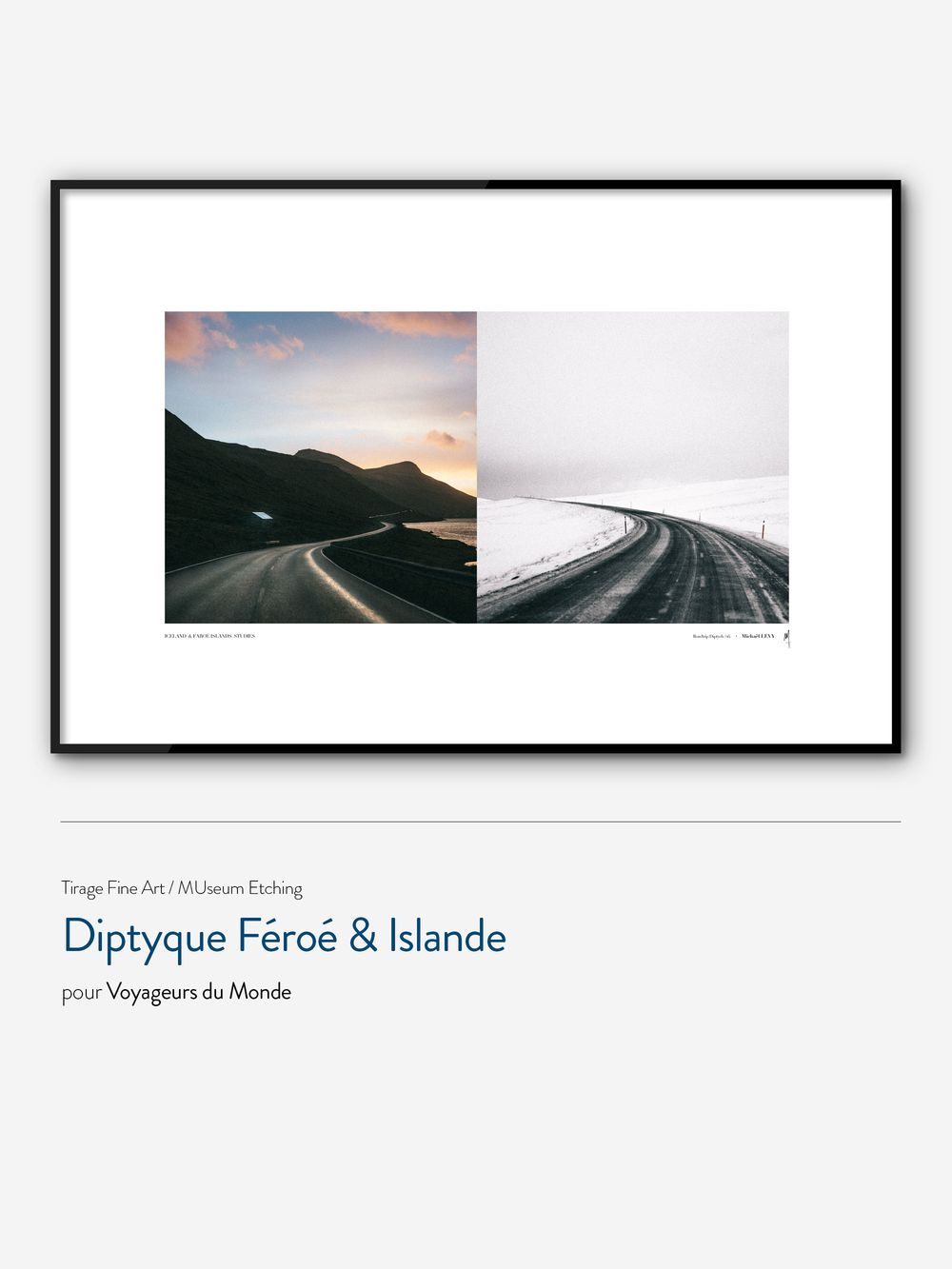 Black and white landscape photographs of winding mountain roads in frames displayed on a white wall.