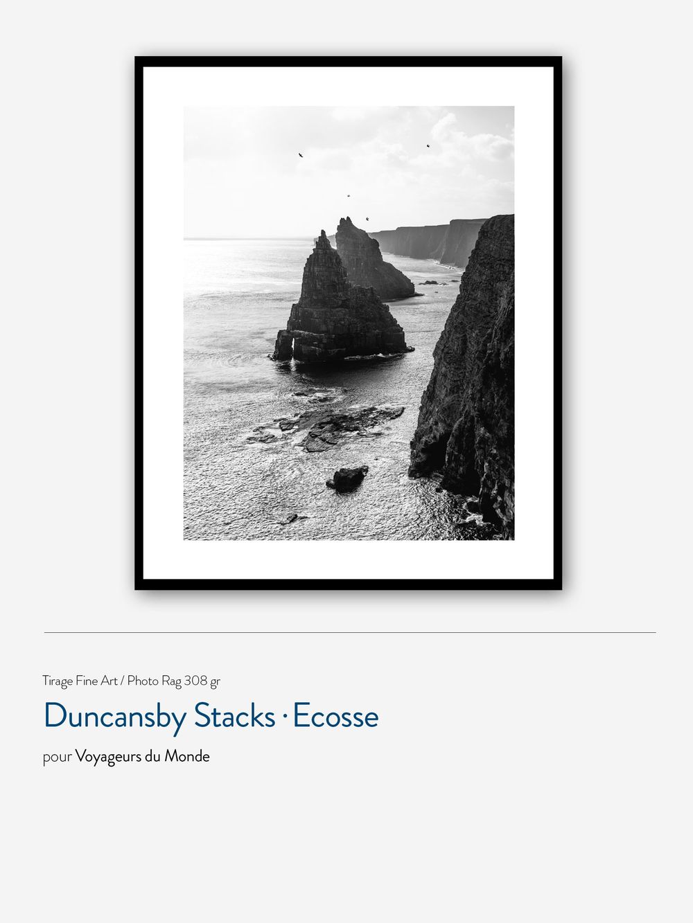 Black and white photographs of dramatic coastal cliffs and sea stacks at Duncansby in Scotland displayed as framed artwork.