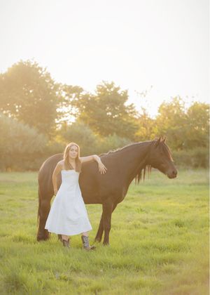 Zwart paard tijdens golden hour met eigenaar, country style