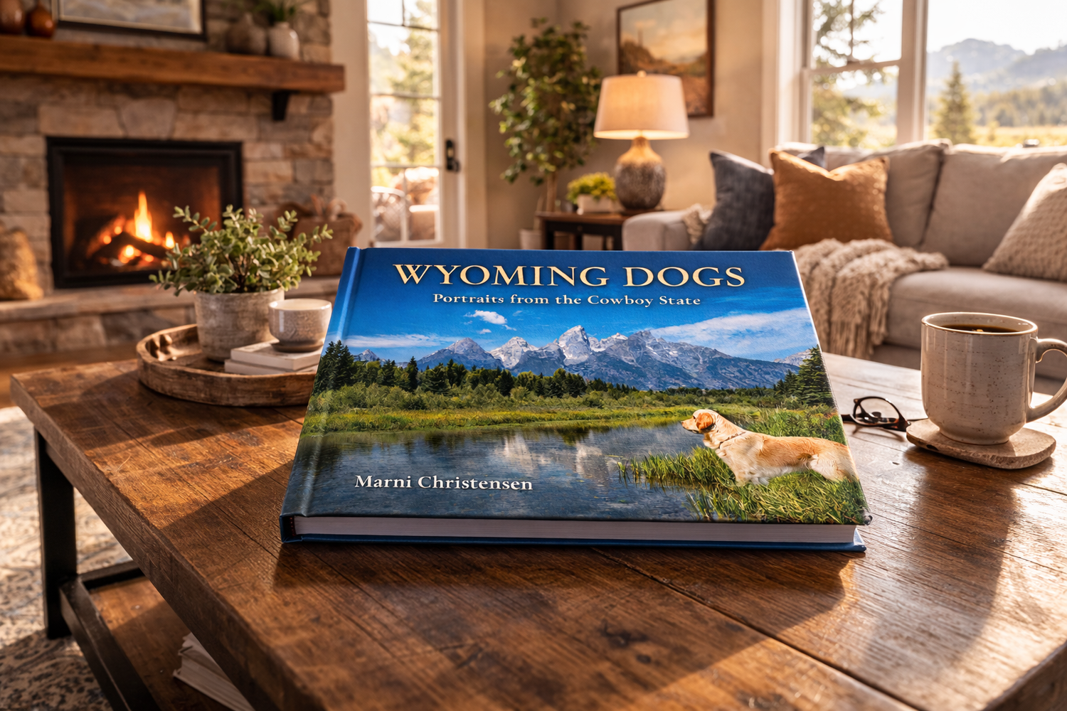 A Wyoming Dogs coffee table book rests on a rustic wooden table near a cozy fireplace with mountains visible through the windows.