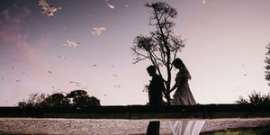 Silhouettes of two people stand on a hilltop at sunset while birds fly overhead in a dreamy pink sky.