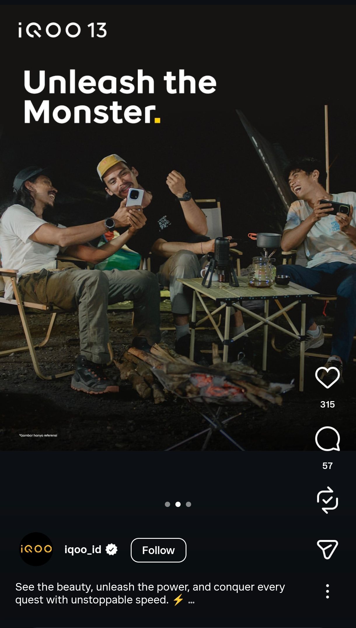 A group of people relax in camping chairs around a campsite at night, illuminated by soft lighting.