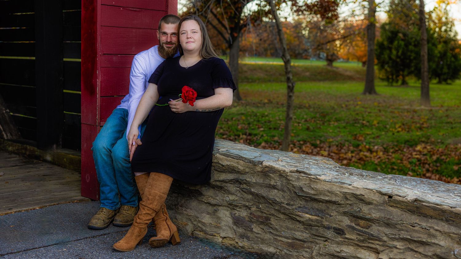 A series of outdoor autumn portraits showing a person sitting on rustic wooden steps against a red barn backdrop.