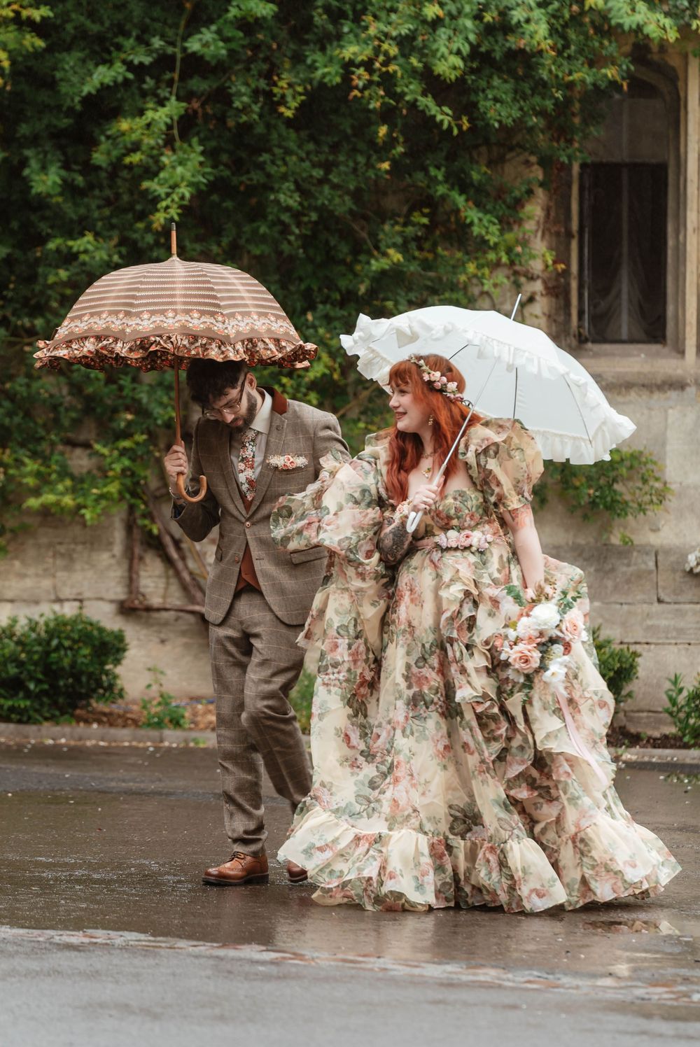 Wedding ceremony inside Thornbury Castle hall rain walking to ceremony elopement