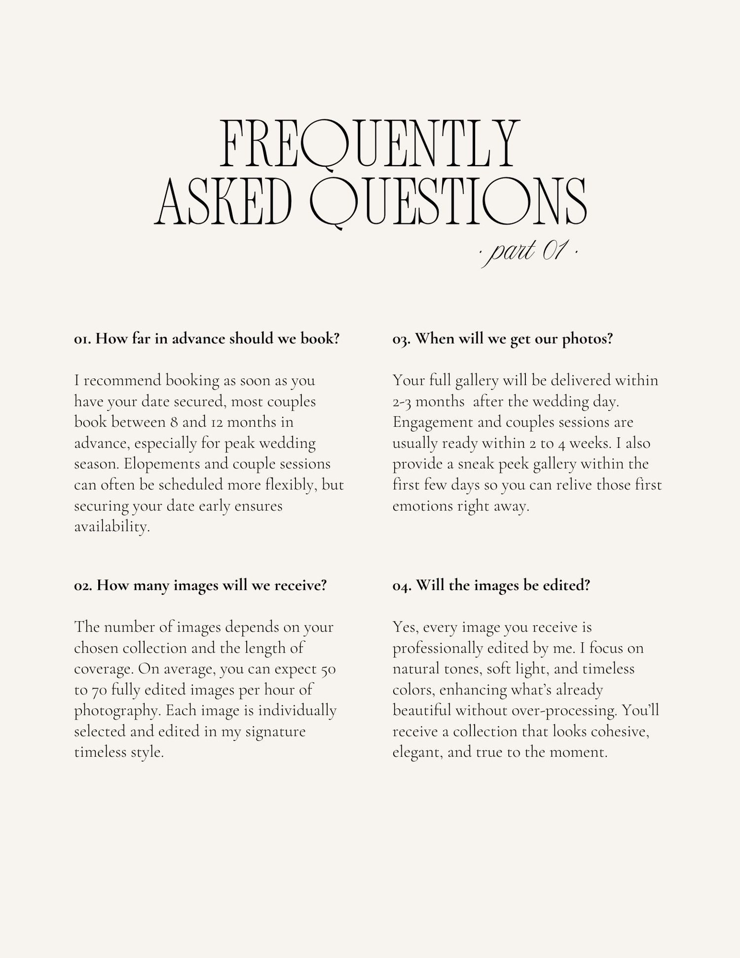 A close-up view of text on a white page showing frequently asked questions and answers in a clean layout.