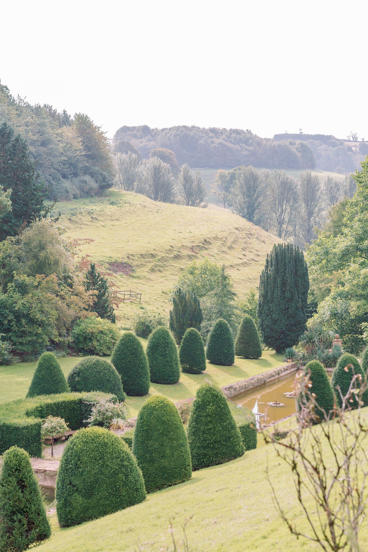 Neatly trimmed topiary bushes line a garden path on rolling green hills with forest in the background.