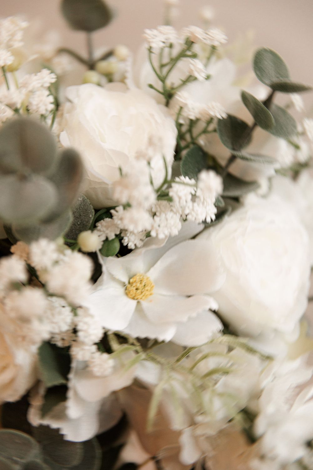 Delicate white flowers with soft petals and yellow centers create an ethereal macro photography composition.