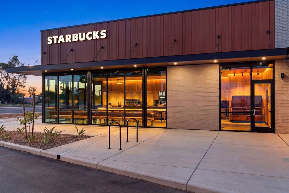 Modern Starbucks store exterior with brown facade and large windows during sunset lighting.