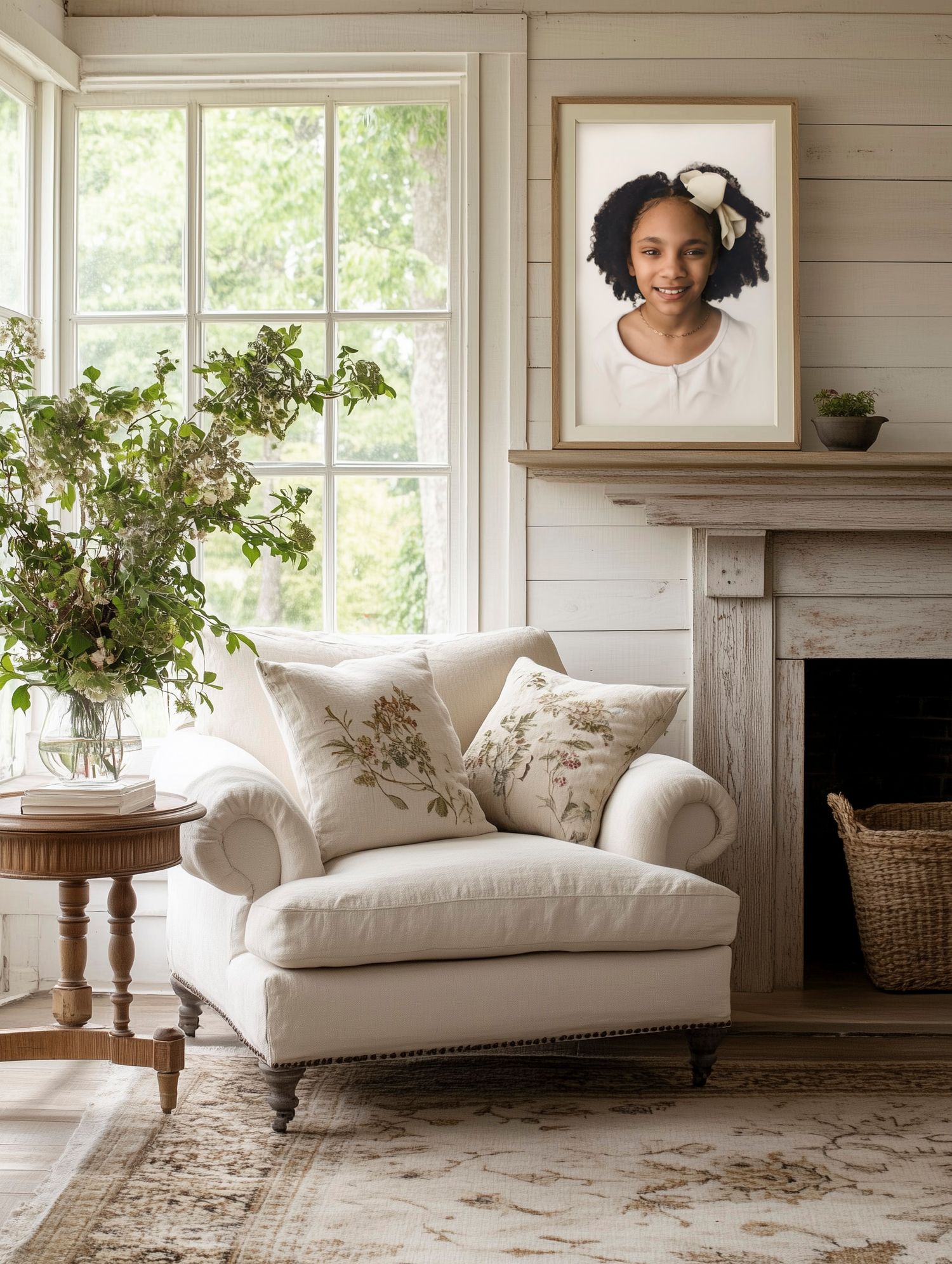 Warm white living room featuring a framed heirloom vignette photo from Charlottesville family photographer, Somerset Portraits.