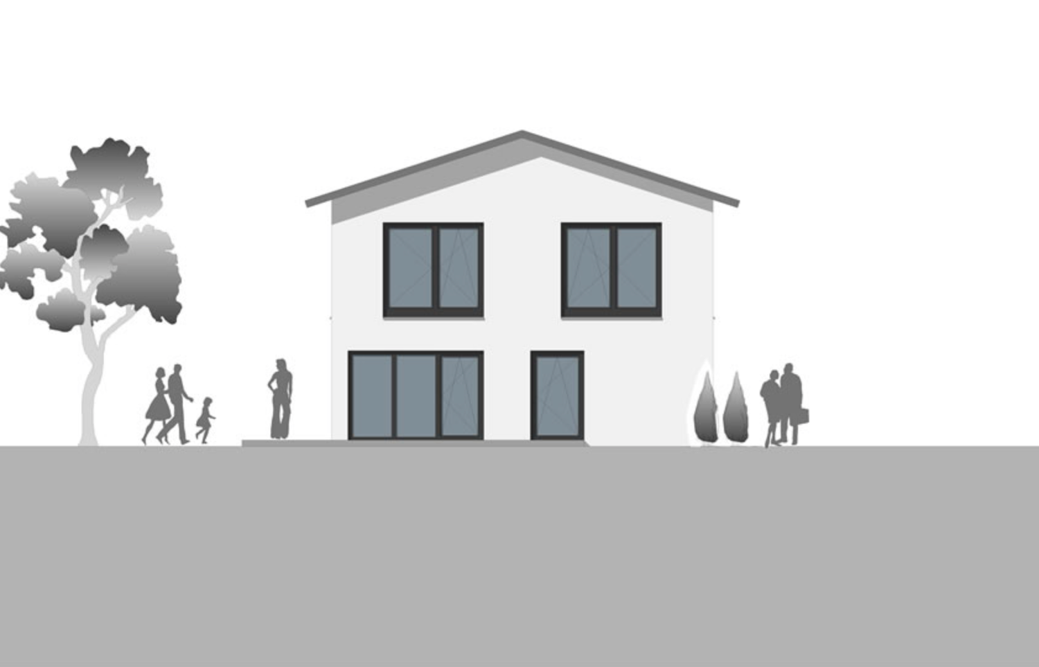 Simple architectural line drawing showing a house with trees and landscaping in a minimalist silhouette style.