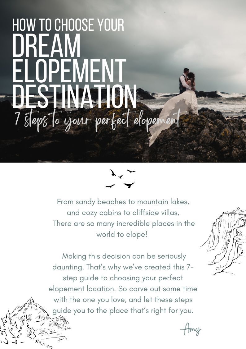 A collage of scenic elopement destination images showing beaches, mountains and cliffside villas with overlaid text.