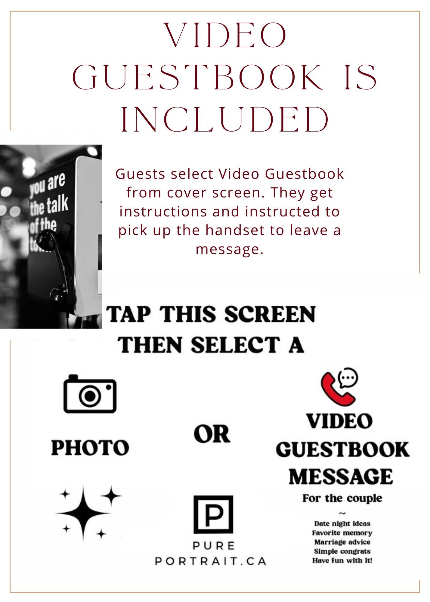 A series of mobile app interface screens showing video guestbook instructions and tap prompts for photo selection.