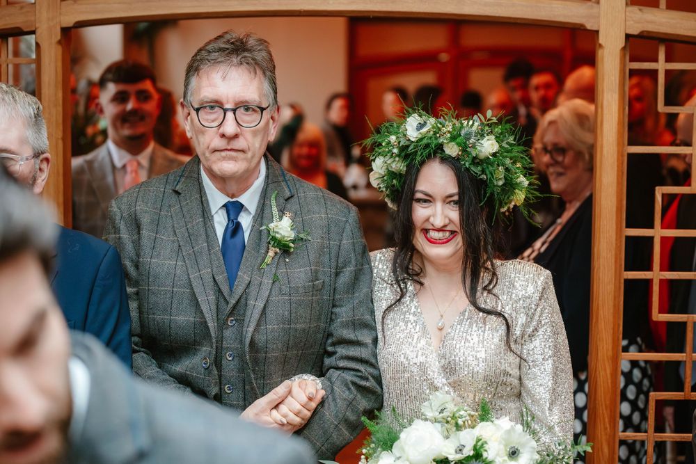 Matara Centre Wedding Photography Zara Davos Cotswolds Photographer Gloucestershire Stroud  bride and father walking down aisle