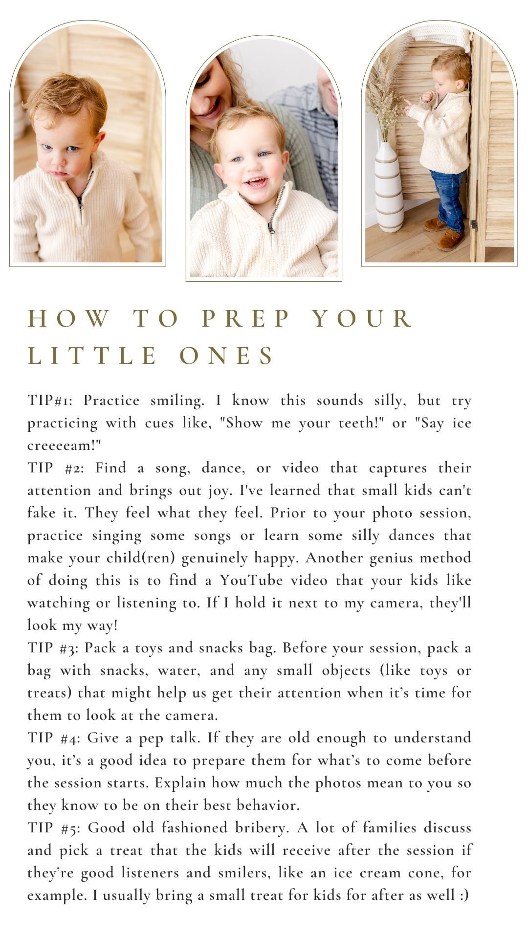 A collage of photography tips and text showing how to prepare children for photo sessions with various poses and lighting.