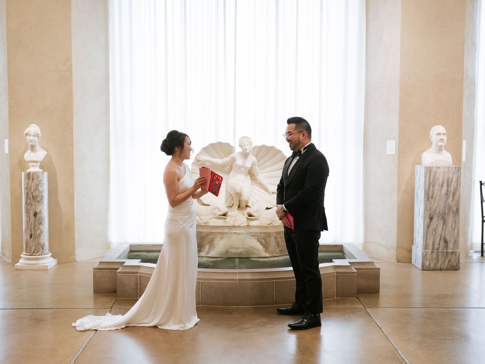 A sequence of wedding photos showing a couple in a bright white museum gallery with classical sculptures.
