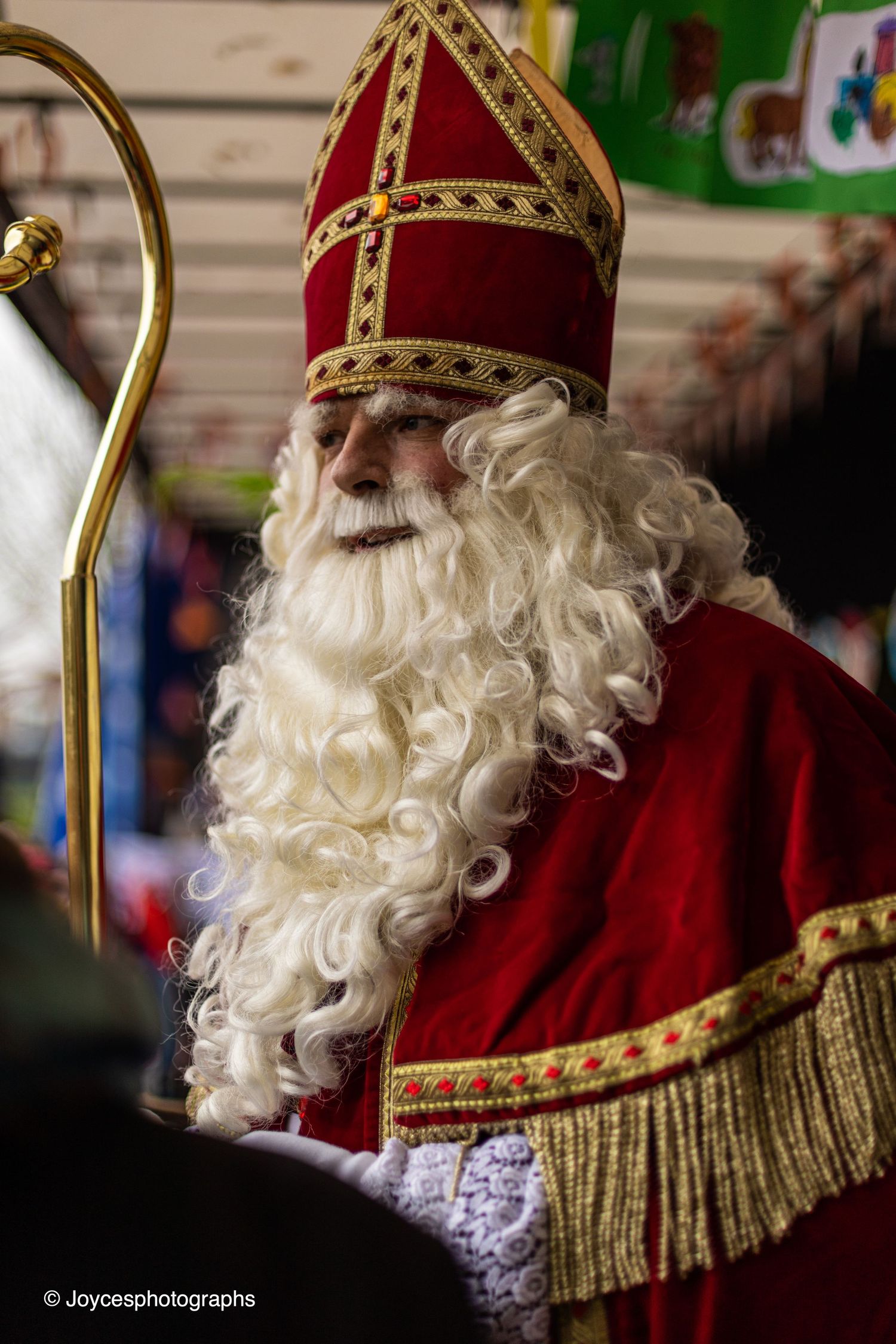 A series of four close-up photos showing Saint Nicholas in traditional red and gold bishop's attire with white beard.