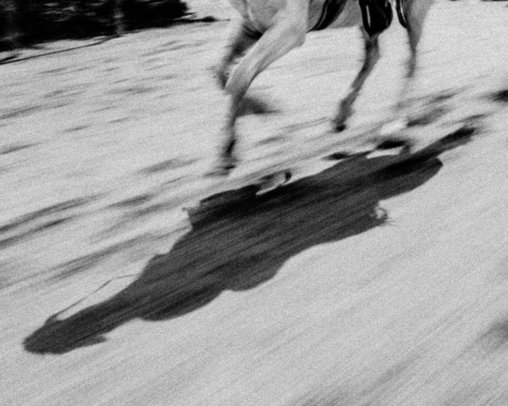 A sequence of black and white images showing a person's shadow moving across snowy ground while skiing downhill.