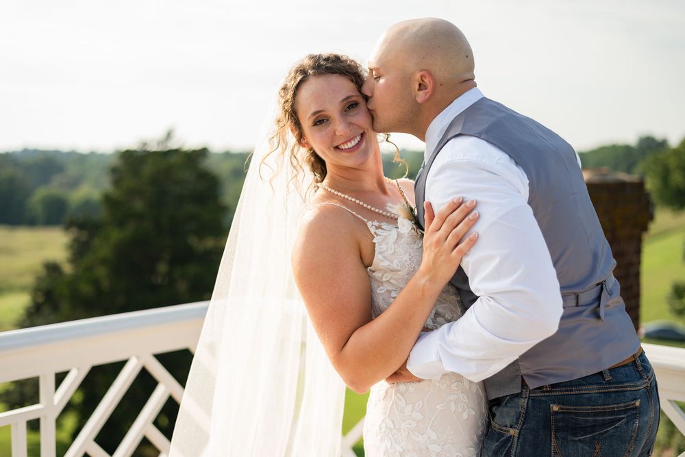 A collection of romantic wedding photos showing intimate moments between couples in outdoor settings and formal attire.