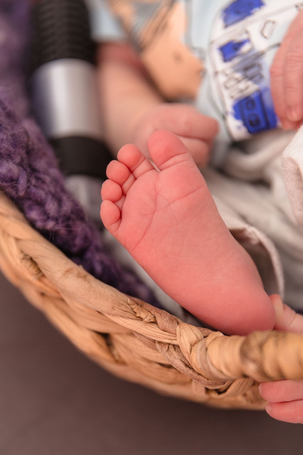 Close-up of newborn baby feet in woven basket with purple fabric accent.