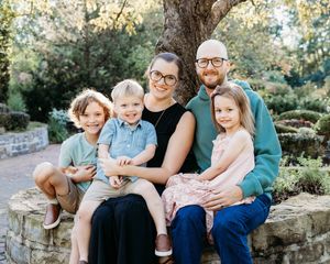 A series of five outdoor family portrait photographs showing tender moments between loved ones in a natural setting.