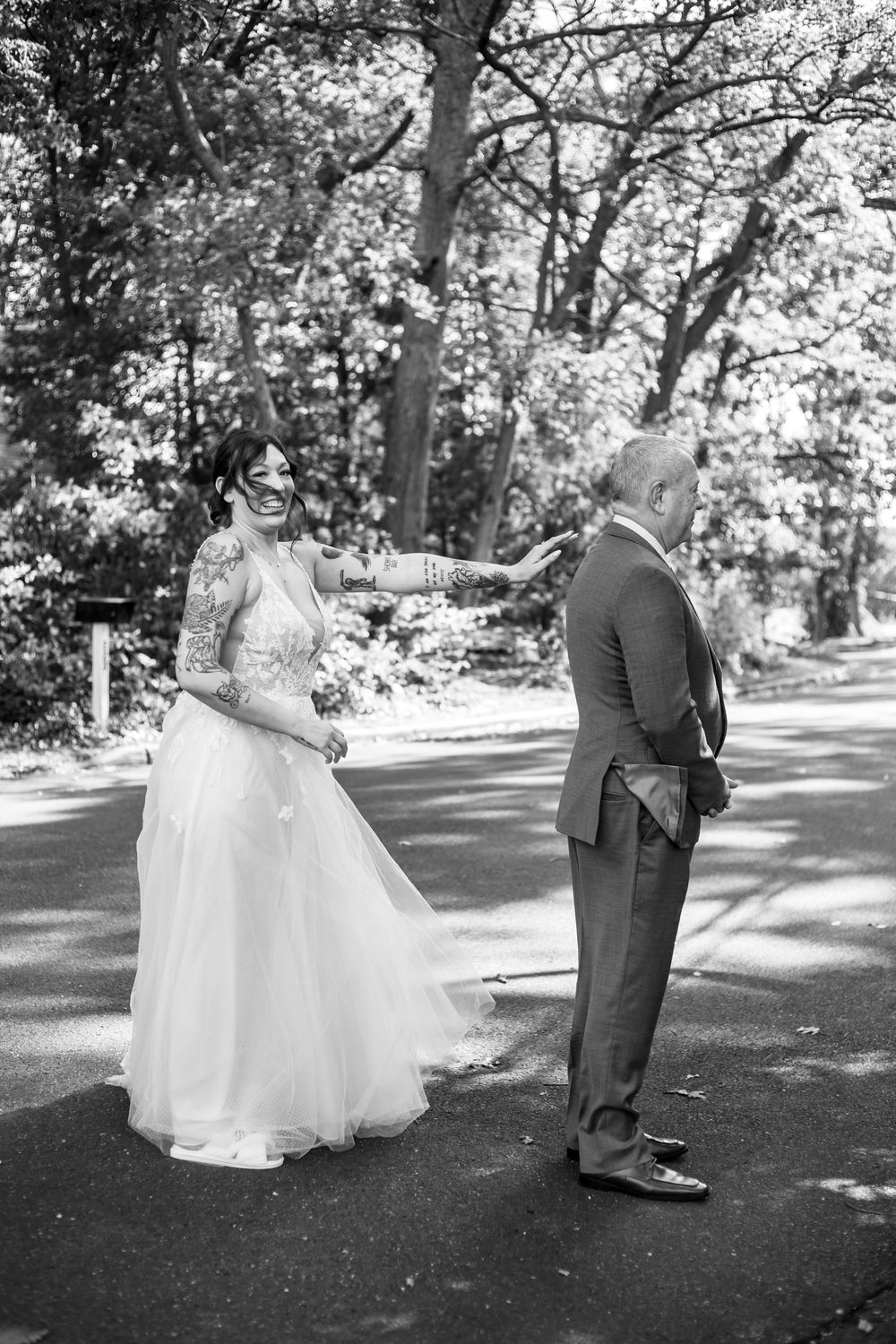 Black and white wedding portrait sequence showing couple in outdoor garden setting.