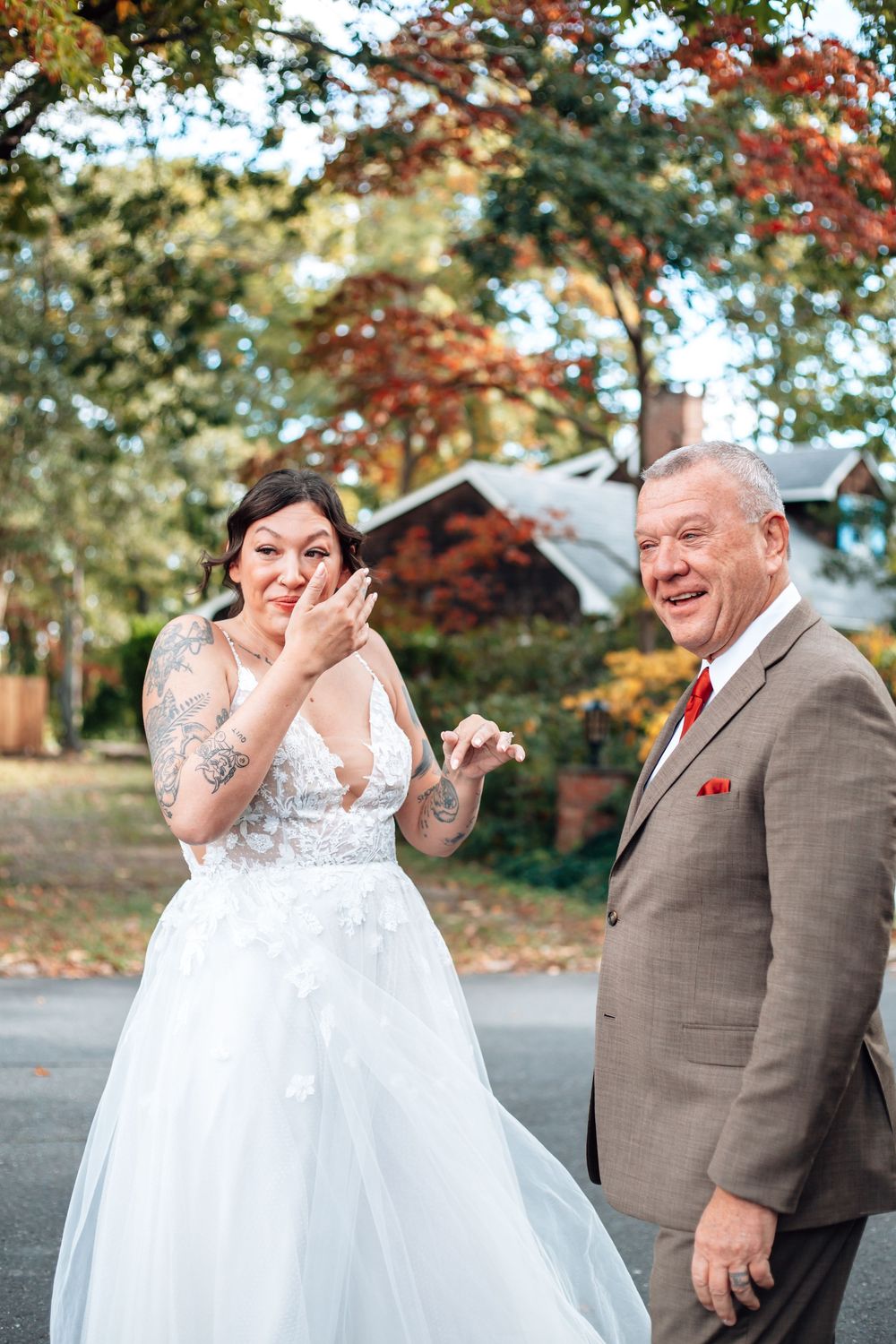 Joyful wedding moments captured in series of candid shots with autumn trees in background.