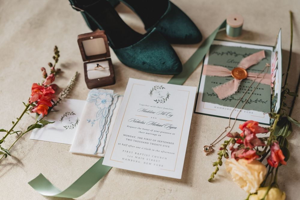 A collection of wedding stationery and decor items including invitations, flowers, and rings arranged on a white surface.