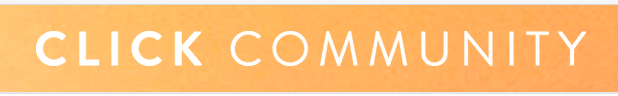 A bright orange Click Community banner with a geometric brand design on white background.