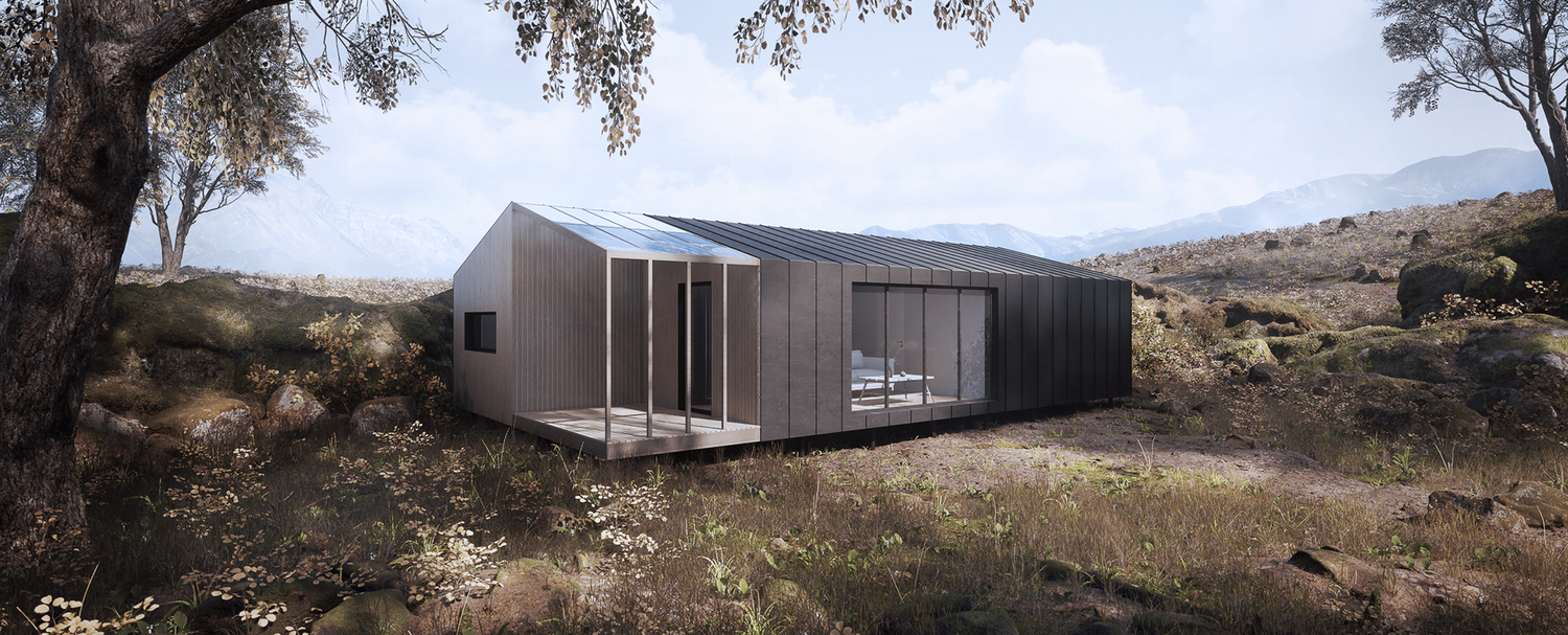Modern minimalist house with floor-to-ceiling windows nestled on a rocky hillside in a desert landscape.