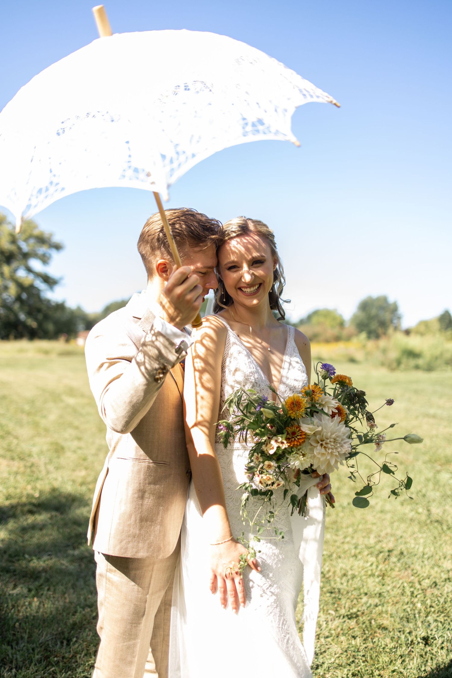 bride and groom with parasol at 2gather more wedding venue in michigan