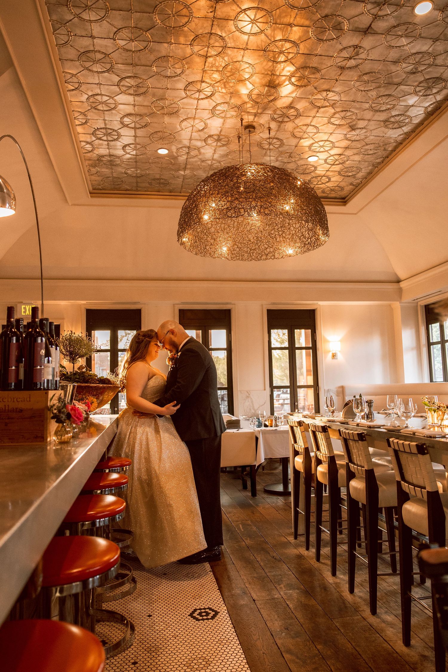 bride and groom in restaurant in midtown michigan