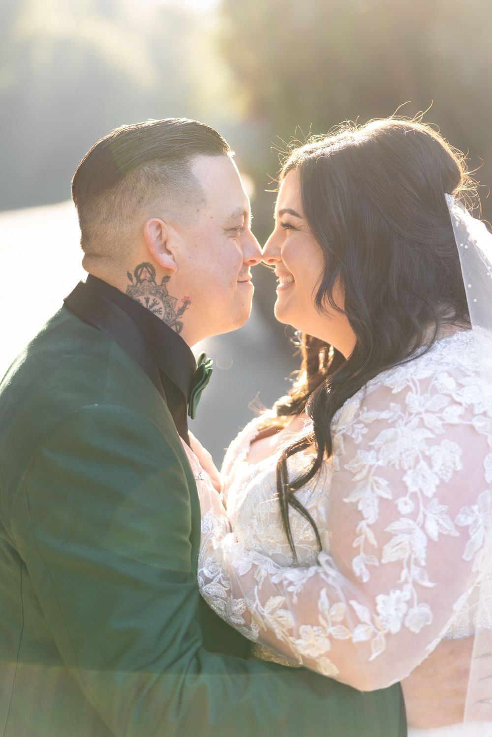 A couple in wedding attire sharing romantic close-up moments in a series of soft-lit photographs.