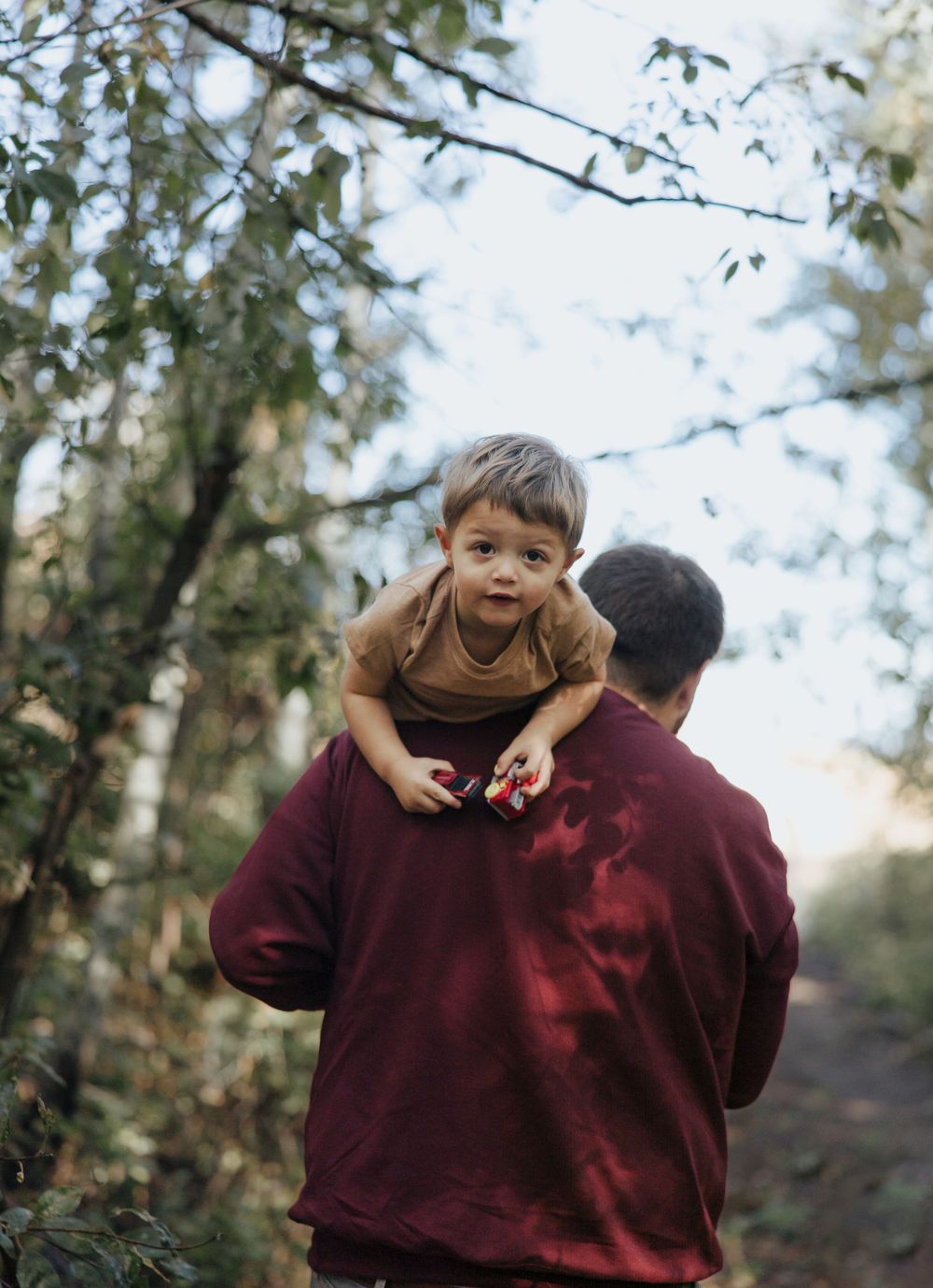 Playful interaction between adult and child outdoors among birch trees.