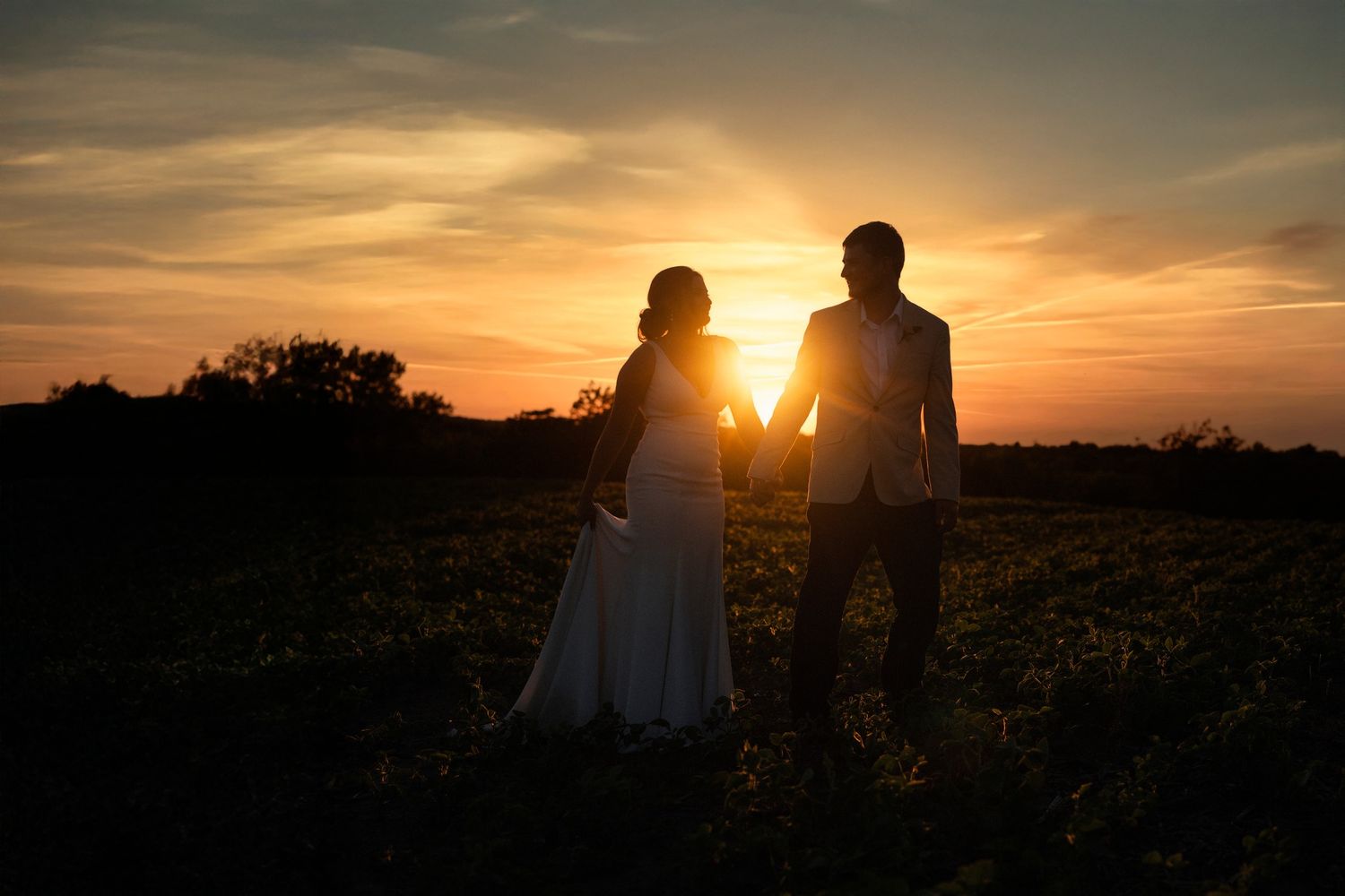 Silhouette of bride and groom holding hands at sunset in an open field.
