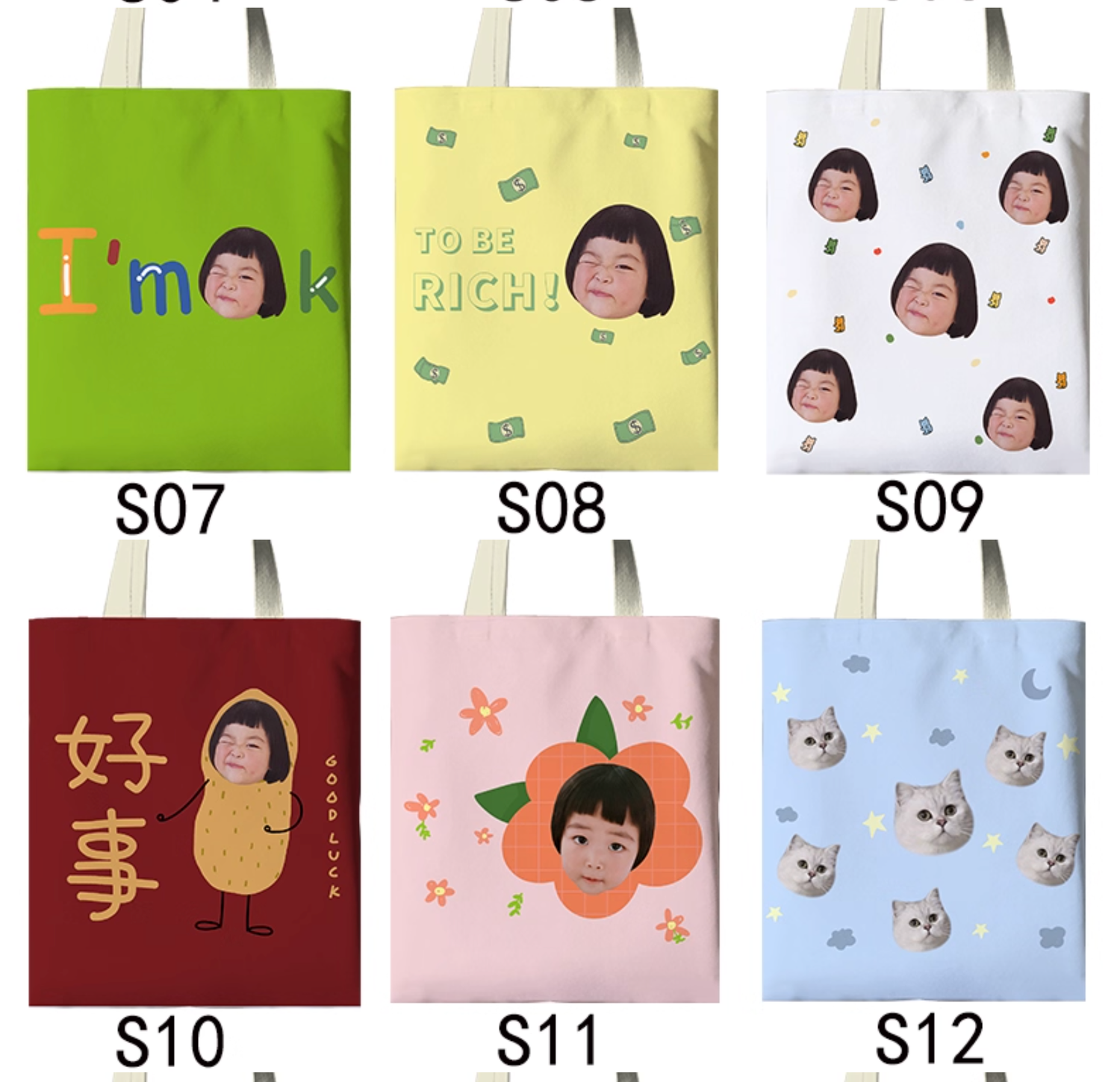 A collection of eco-friendly shopping bags featuring green and yellow color schemes and minimalist designs.