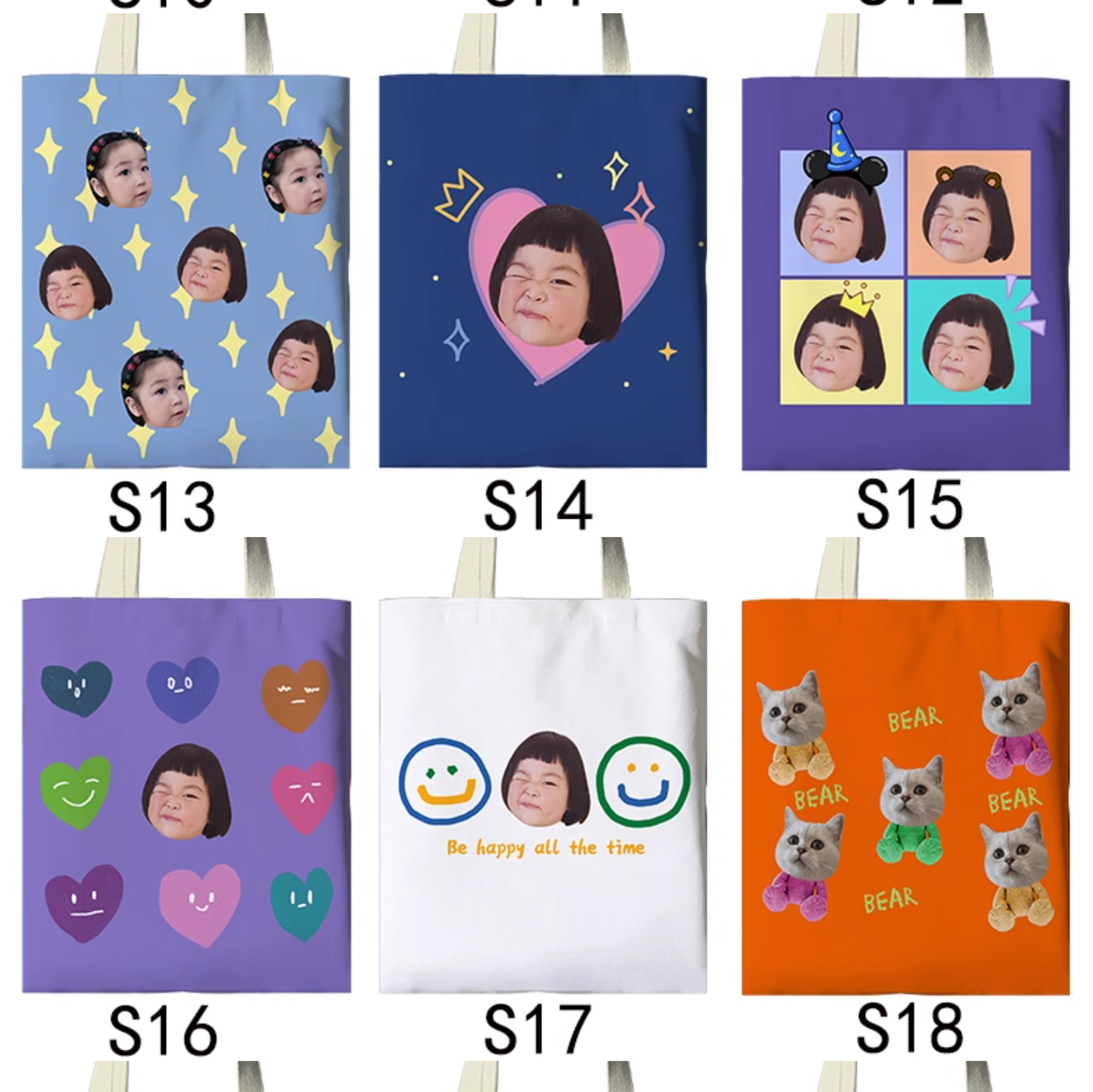 Six canvas tote bags with colorful patterns, emojis, hearts, cat designs and decorative sparkle elements on various backgrounds.