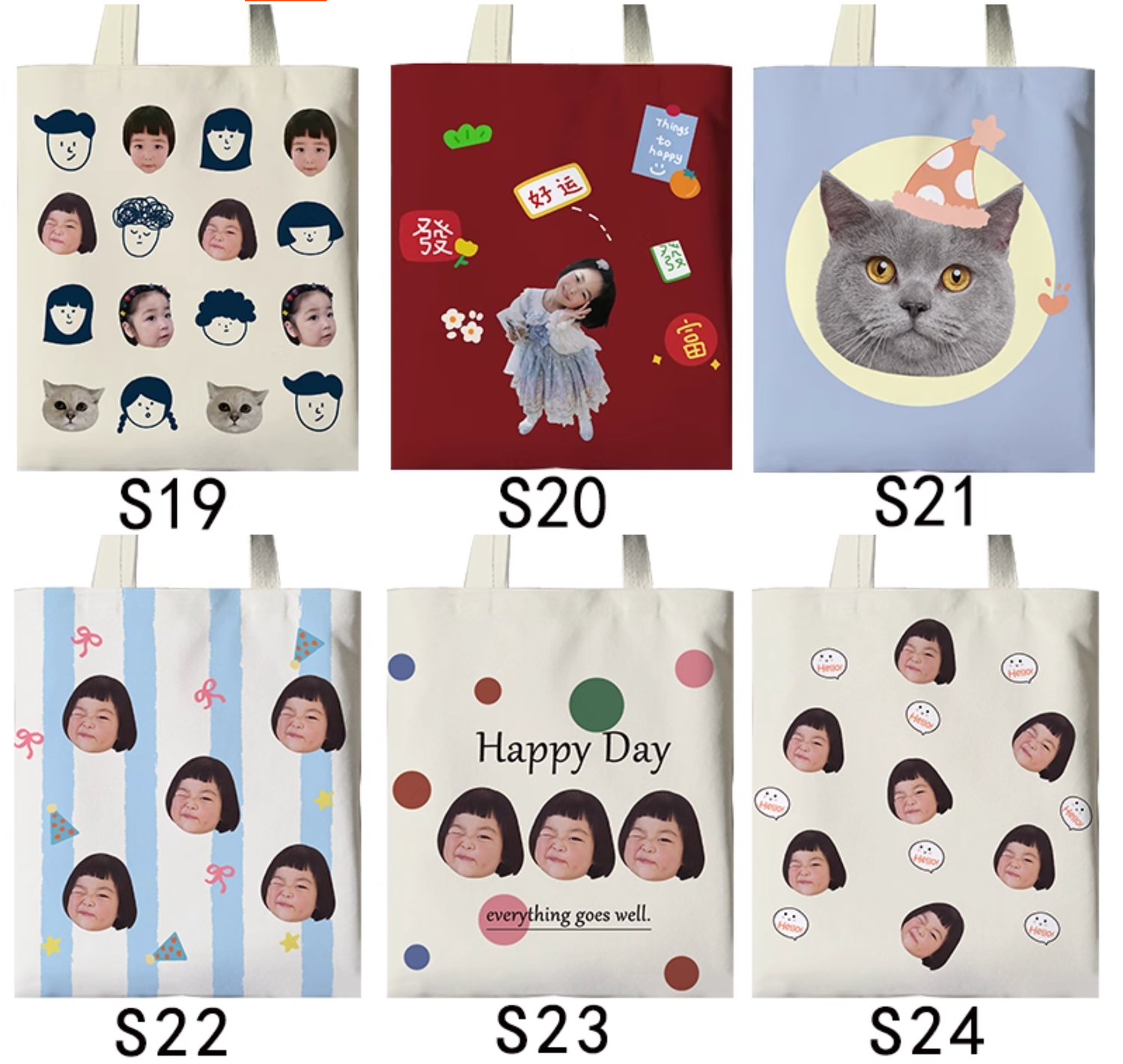 Six decorative canvas tote bags featuring repeating patterns, cartoon designs, and a grey cat portrait on a pastel background.