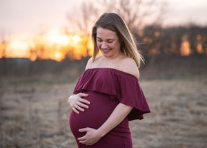 Maternity photoshoot in burgundy dress at golden sunset showing series of poses in outdoor natural setting.