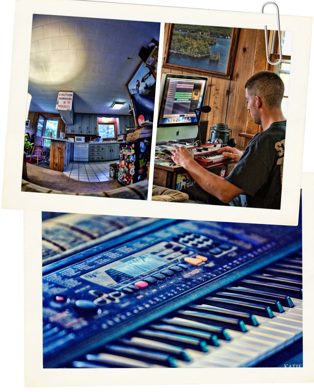A music studio collage featuring a rustic cabin interior, a man working at a computer workstation, and a close-up of a blue keyboard.