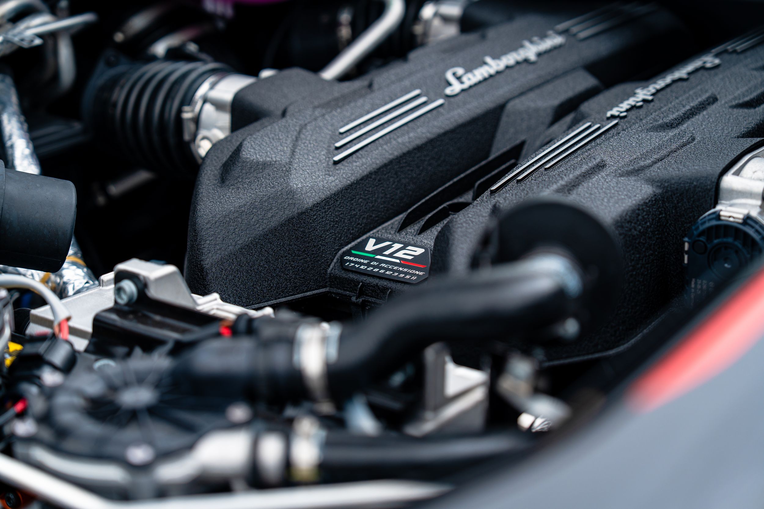 Lamborghini naturally aspirated V12 engine with Italian flag badge on black engine cover.