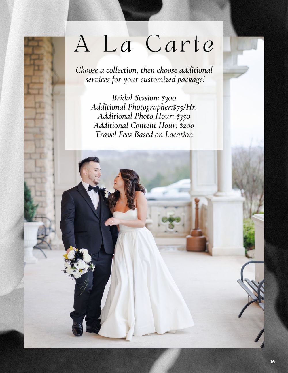 A couple in wedding attire poses outdoors, with an A La Carte photography pricing guide overlay listing bridal session packages.