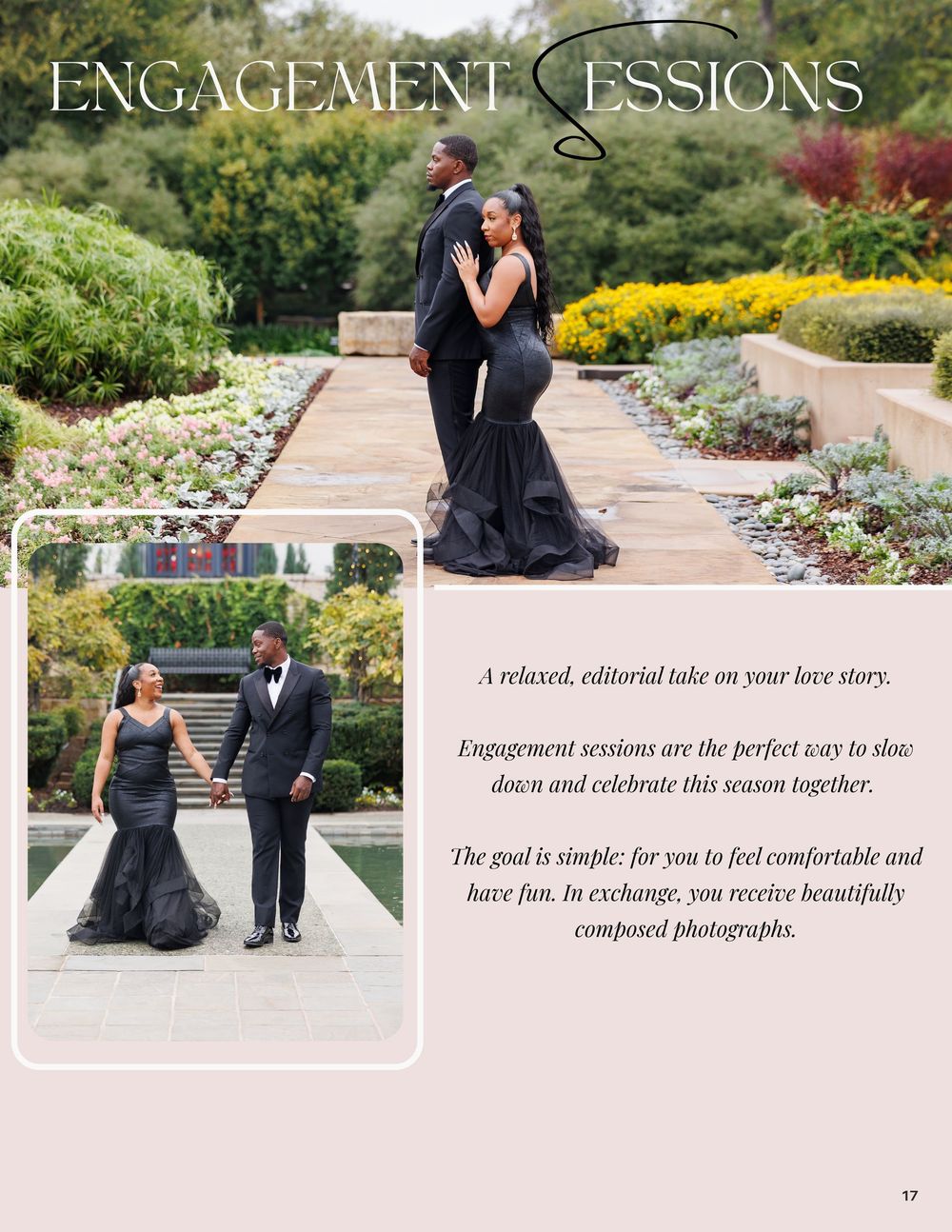 Elegant couple in matching black formal attire posing for engagement session photos in a lush garden setting.