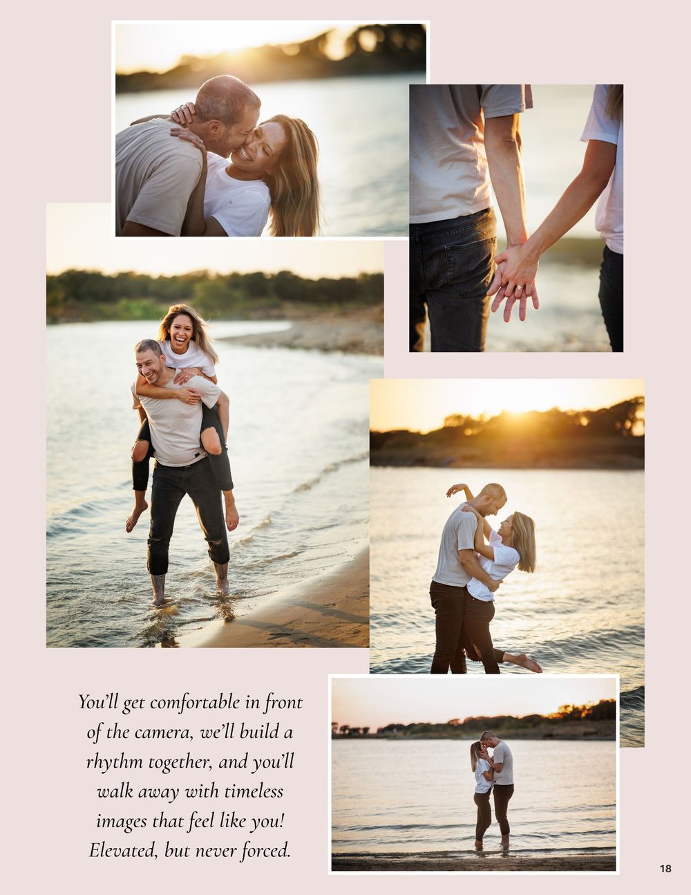 Romantic couples beach photography session at golden hour, featuring intimate poses, piggyback rides, and hand-holding by the ocean shore.