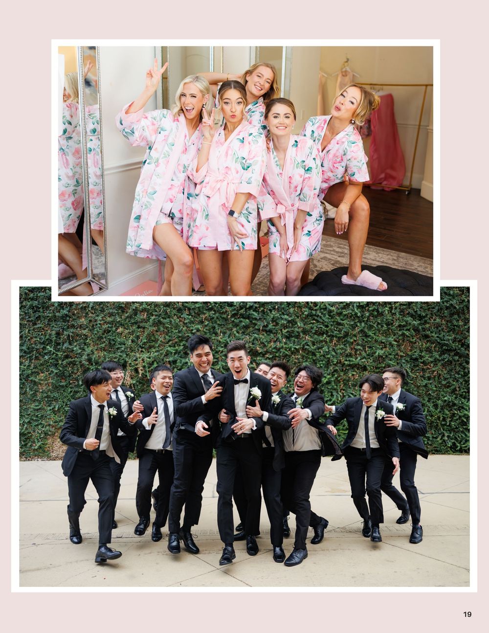 Bridesmaids in pink floral robes pose together while groomsmen in black tuxedos celebrate outdoors at a wedding.