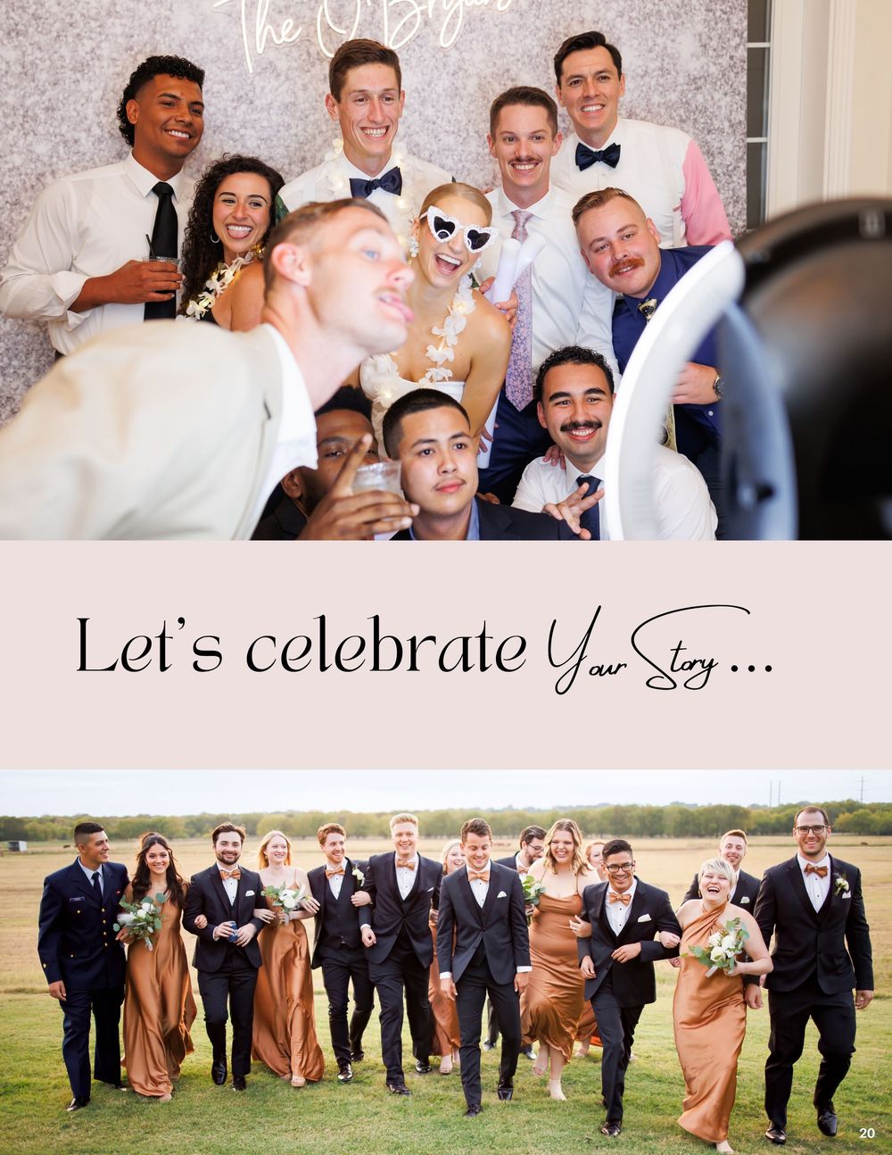 A joyful wedding party poses for fun photos and walks outdoors, celebrating with the text Let s celebrate Your Story.
