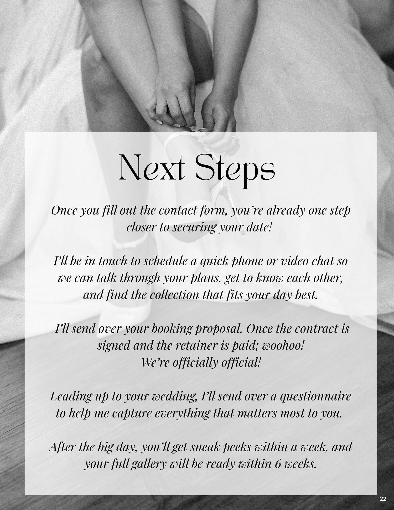 A wedding photography guide showing next steps for booking, with elegant text on a soft background featuring a bride in white.