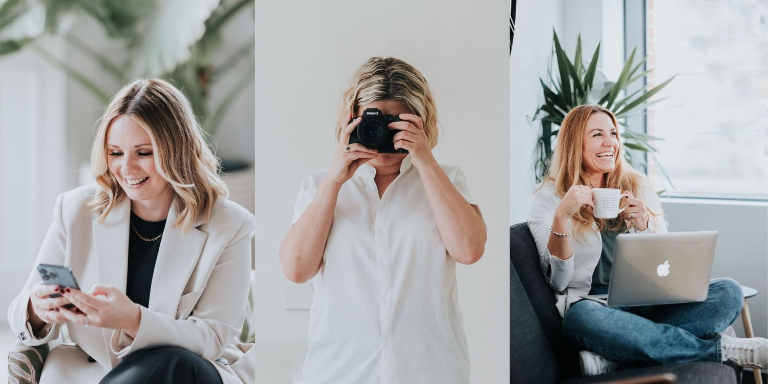 woman on her phone smiling, photographer behind camera and woman sat on sofa with tea and laptop