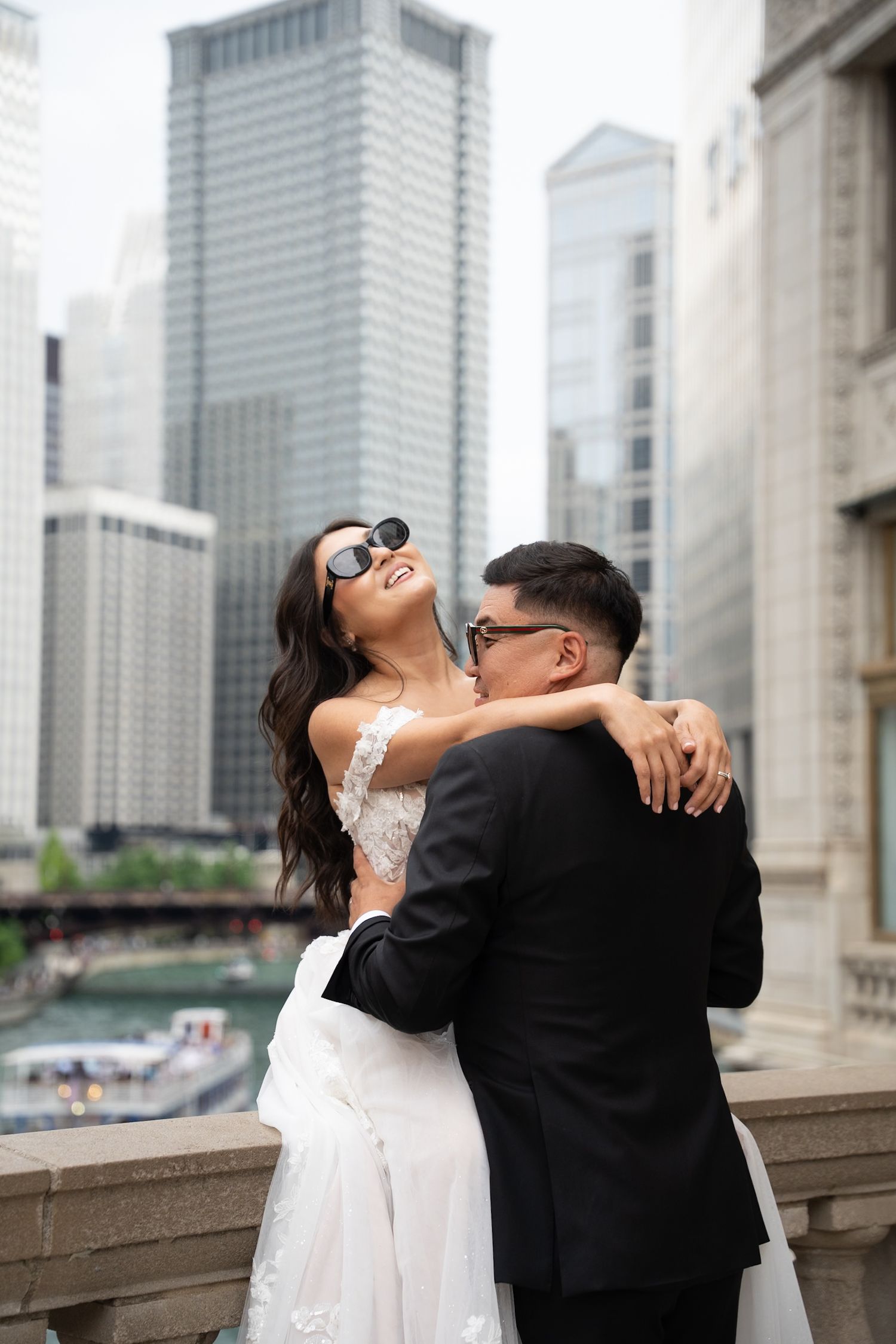 outdoor pre-wedding photoshoot in Chicago Illinois by Michigan lake in downtown Chicago.