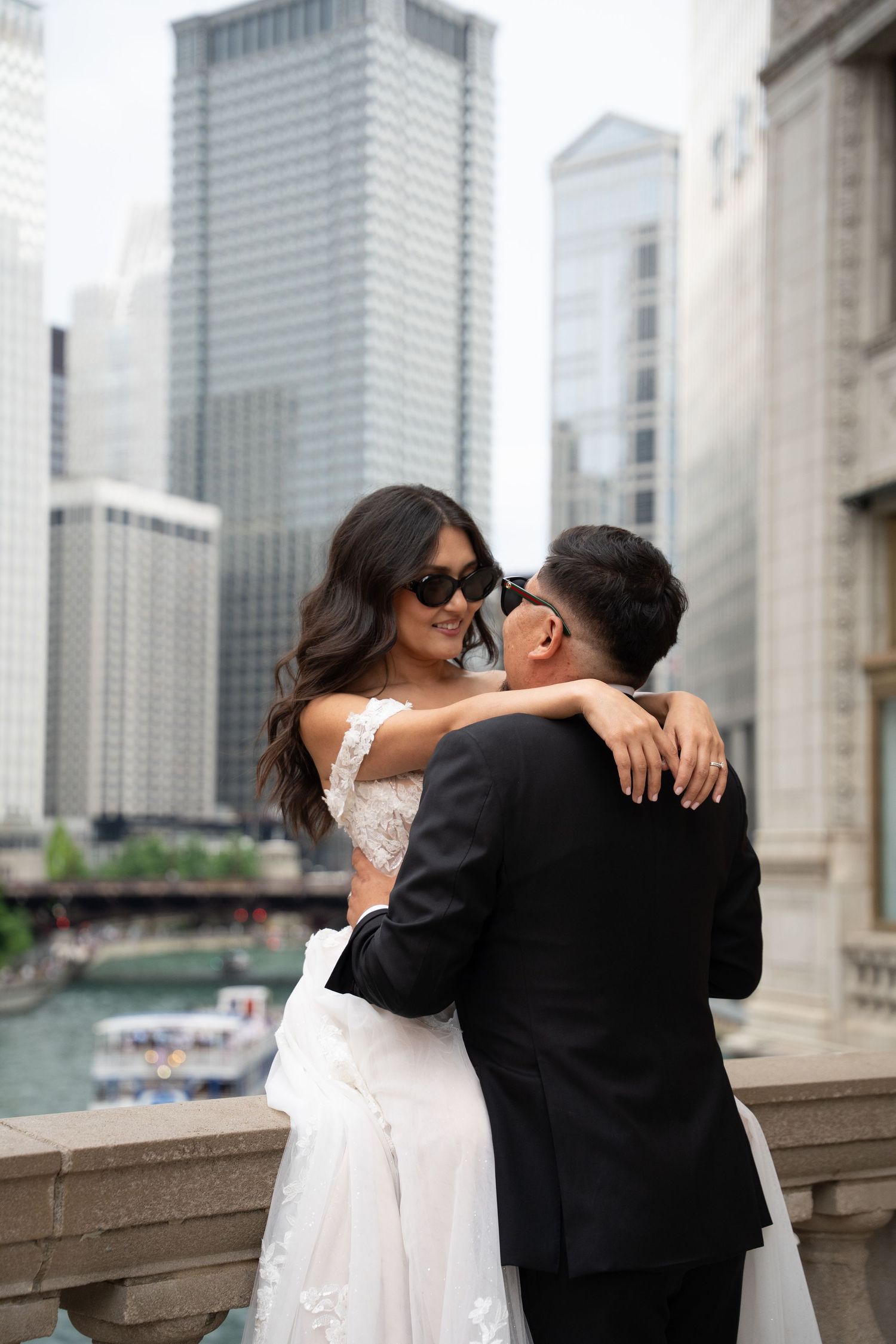 outdoor pre-wedding photoshoot in Chicago Illinois by Michigan lake in downtown Chicago.
