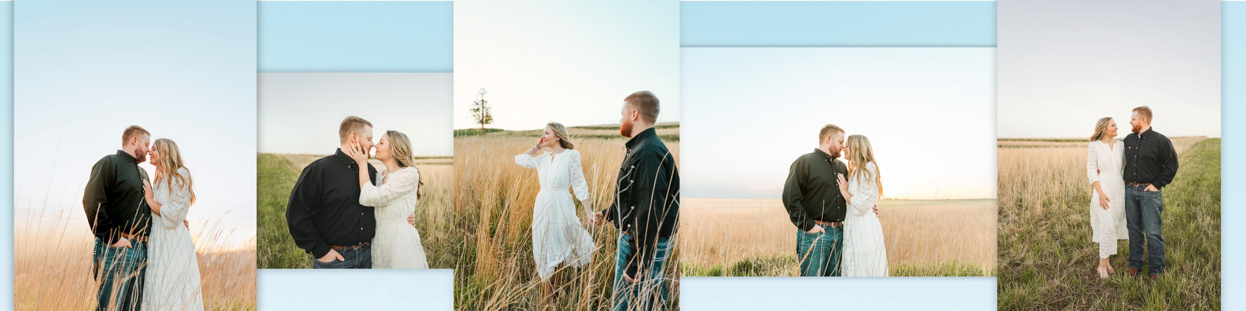 Romantic couple embracing in golden wheat field with lighthouse backdrop during outdoor wedding photography session.